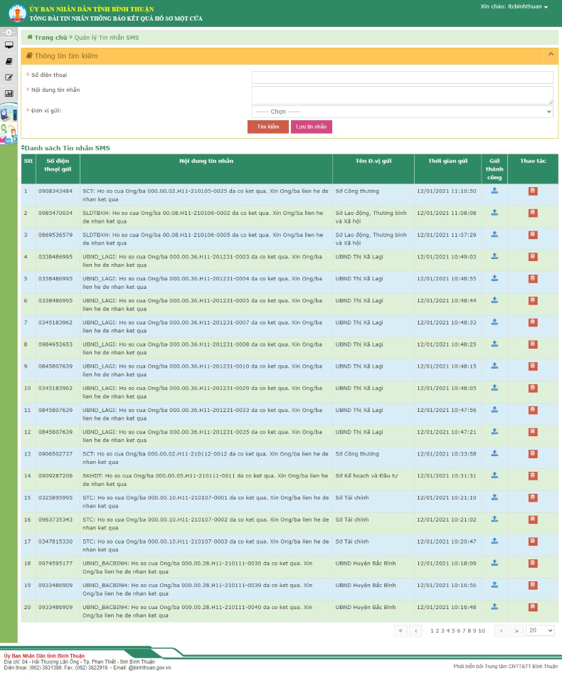 Phần mềm Tổng đài tin nhắn thông báo kết quả hồ sơ một cửa